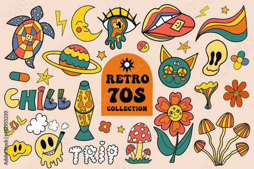 Retro 70s vibe, hippie stickers, psychedelic trippy groovy elements. Cartoon funky sticker vintage hippy style element. vector illustration
