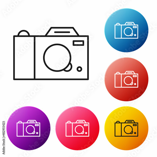 Black line Photo camera icon isolated on white background. Foto camera icon. Set icons colorful circle buttons. Vector