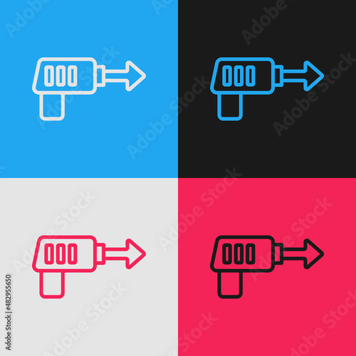 Pop art line Fishing harpoon icon isolated on color background. Fishery manufacturers for catching fish under water. Diving underwater equipment. Vector