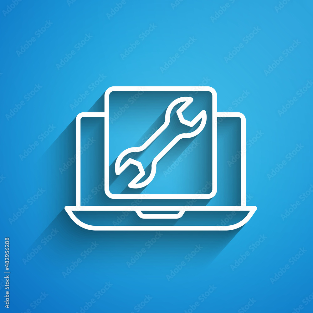 White line Laptop with wrench icon isolated on blue background. Adjusting, service, setting, maintenance, repair, fixing. Long shadow. Vector White line Laptop with wrench icon isolated on blue background. Adjusting, service, setting, maintenance, repair, fixing. Long shadow. Vector