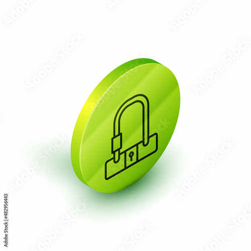 Isometric line Bicycle lock U shaped industrial icon isolated on white background. Green circle button. Vector