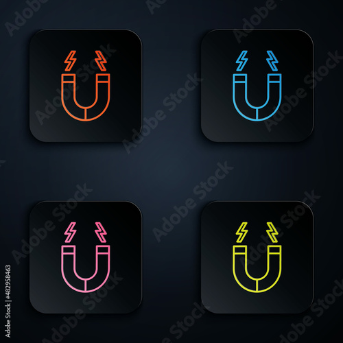 Color neon line Magnet icon isolated on black background. Horseshoe magnet, magnetism, magnetize, attraction. Set icons in square buttons. Vector