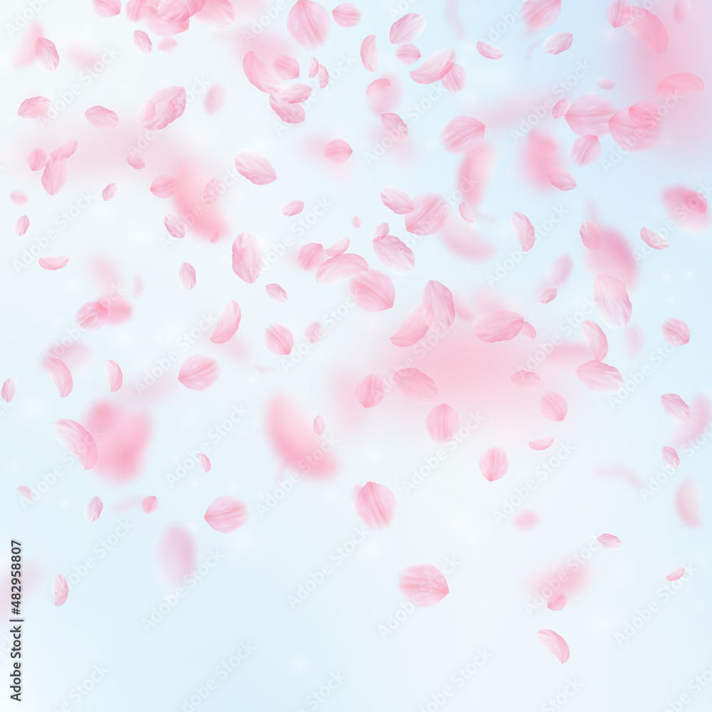 Sakura petals falling down. Romantic pink flowers gradient. Flying petals on blue sky square background. Love, romance concept. Admirable wedding invitation.