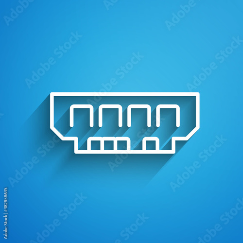 White line RAM, random access memory icon isolated on blue background. Long shadow. Vector