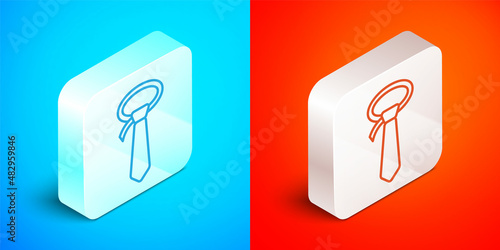 Isometric line Tie icon isolated on blue and red background. Necktie and neckcloth symbol. Silver square button. Vector