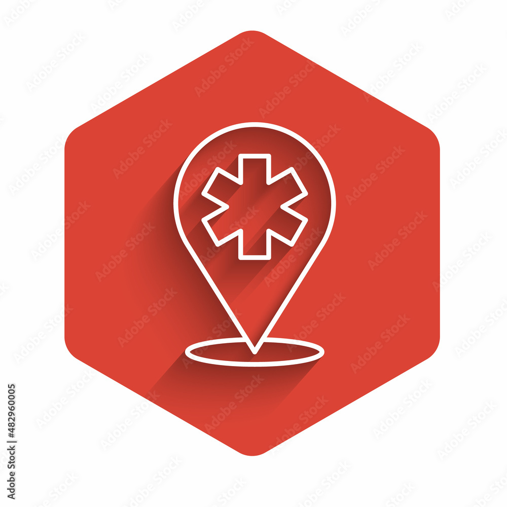 Fototapeta premium White line Medical map pointer with cross hospital icon isolated with long shadow background. Red hexagon button. Vector