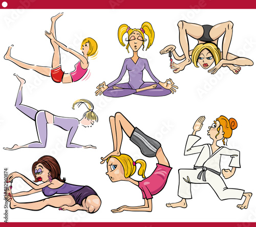 cartoon active women comic characters set