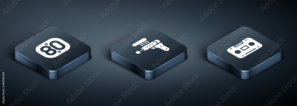 Set Isometric 80s Retro, audio cassette tape and Ray gun icon. Vector Set Isometric 80s Retro, audio cassette tape and Ray gun icon. Vector
