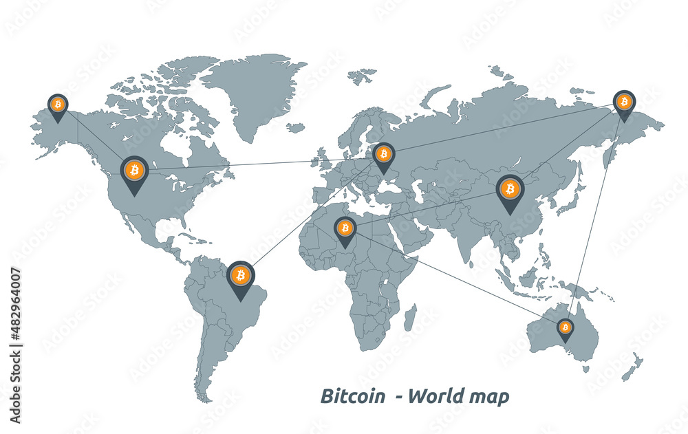 World map with separates states and Bitcoin point, isolated on white background vector World map with separates states and Bitcoin point, isolated on white background vector