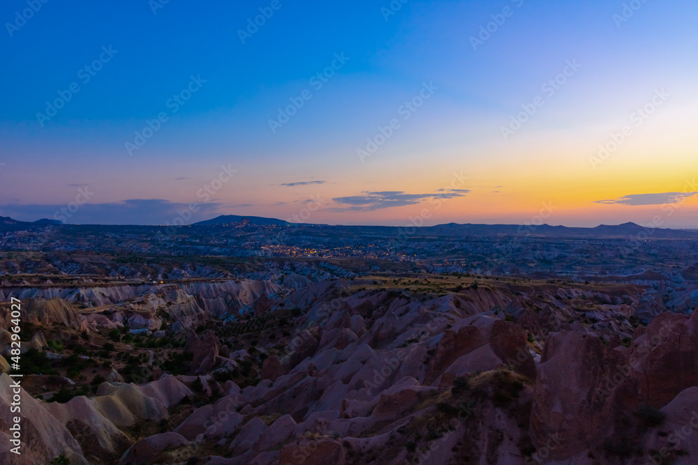 Cappadocia at dusk. Kizilcukur Valley and fairy chimneys at blue hours