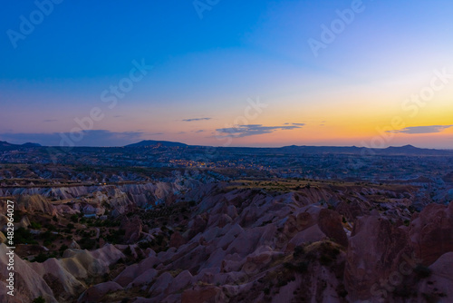 Cappadocia at dusk. Kizilcukur Valley and fairy chimneys at blue hours