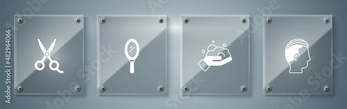 Set Hairstyle for men, Shaving foam on hand, Hand mirror and Scissors hairdresser. Square glass panels. Vector