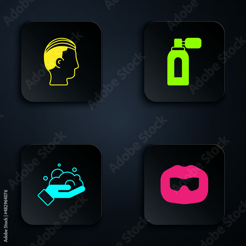 Set Mustache and beard, Hairstyle for men, Shaving foam on hand and Aftershave with atomizer. Black square button. Vector