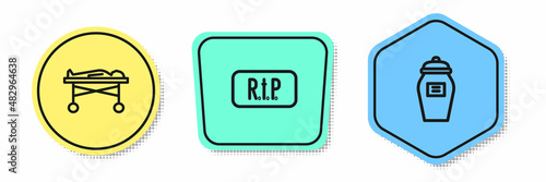 Set line Dead body in the morgue, Speech bubble rip death and Funeral urn. Colored shapes. Vector