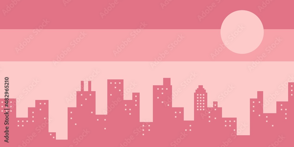 Pixel art pink city with buildings city scape panoramic and moon. Pink city background or wallpaper