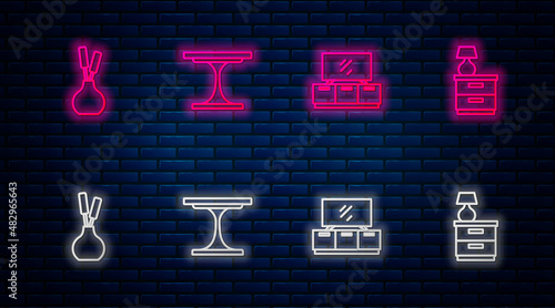 Set line Round table, TV stand, Vase and Furniture nightstand with lamp. Glowing neon icon on brick wall. Vector