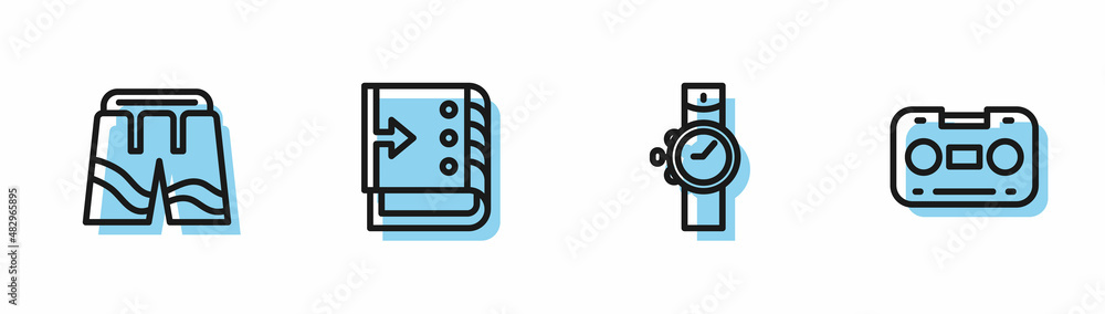 Set line Wrist watch, Short or pants, Sound mixer controller and Retro audio cassette tape icon. Vector Set line Wrist watch, Short or pants, Sound mixer controller and Retro audio cassette tape icon. Vector