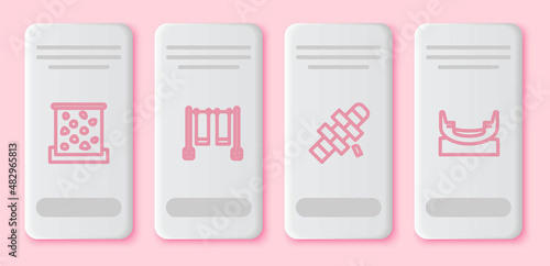 Set line Climbing wall, Double swing, Hopscotch and Boat. White rectangle button. Vector