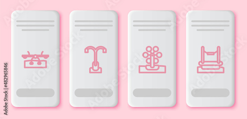 Set line Seesaw, Street light, Ferris wheel and Bungee. White rectangle button. Vector