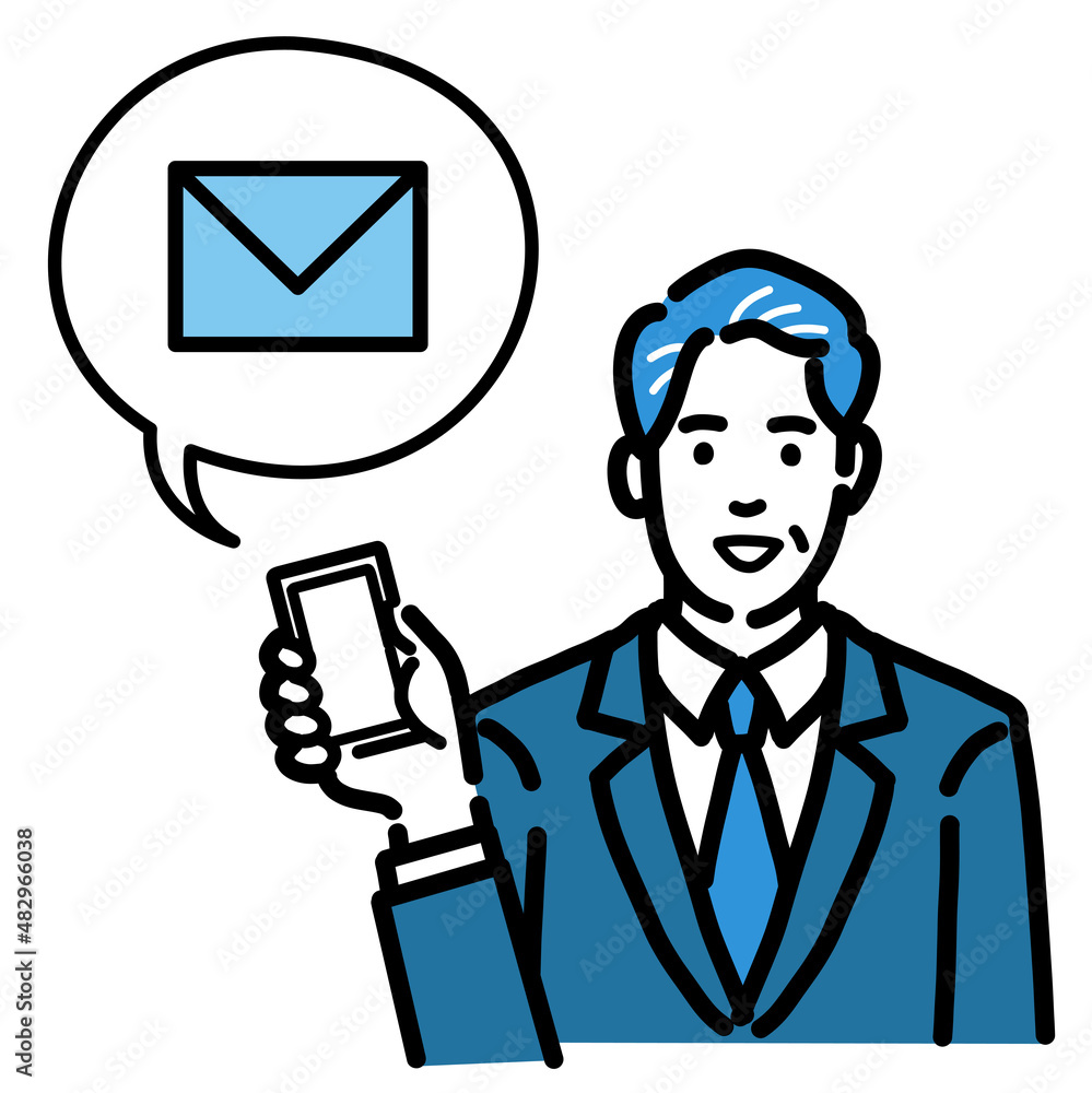 スマートフォンを持ってメールの説明をしているスーツを着た中年男性
スマートフォンを持ってメールの説明をしているスーツを着た中年男性