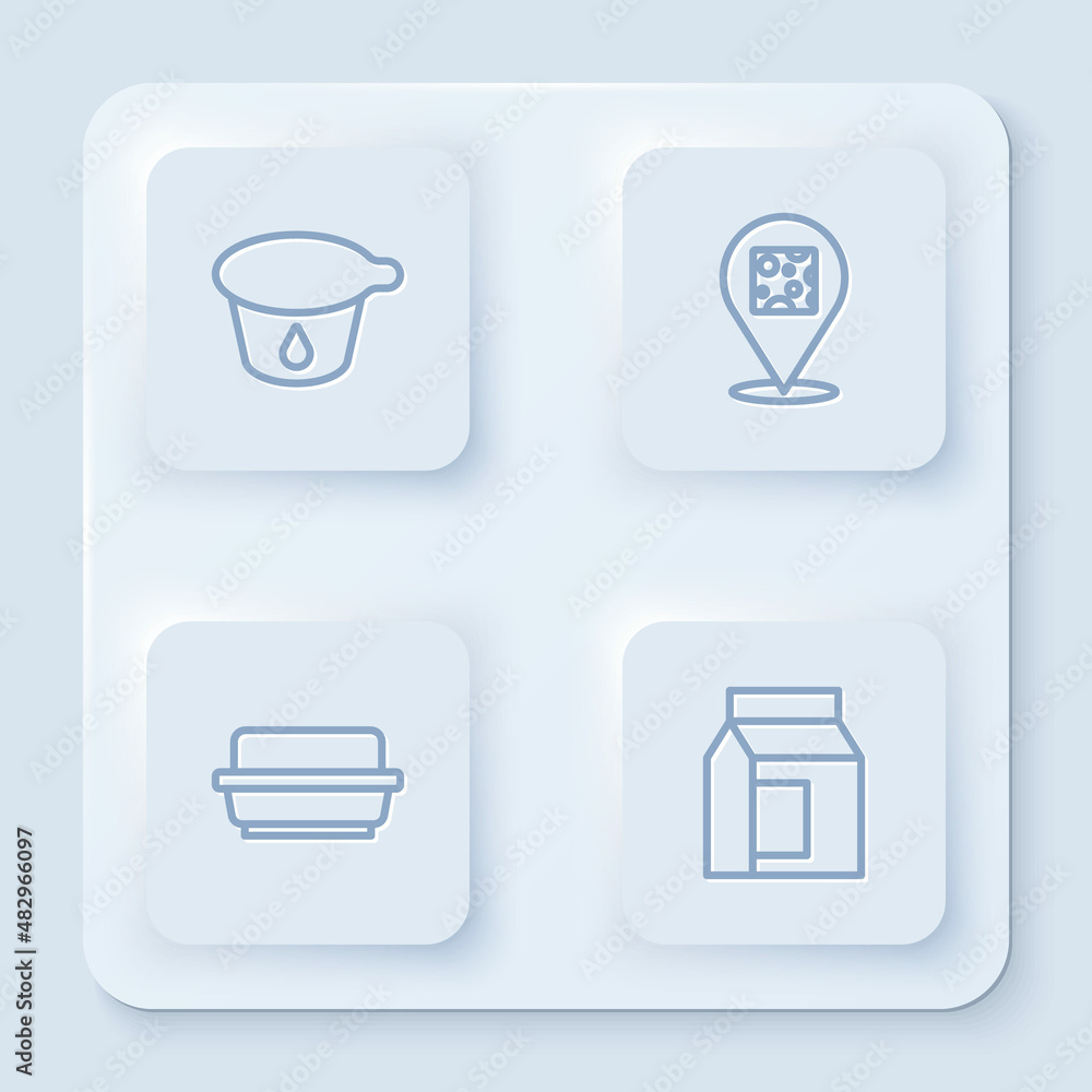 Set line Yogurt container, Cheese, Butter butter dish and Paper package for milk. White square button. Vector Set line Yogurt container, Cheese, Butter butter dish and Paper package for milk. White square button. Vector