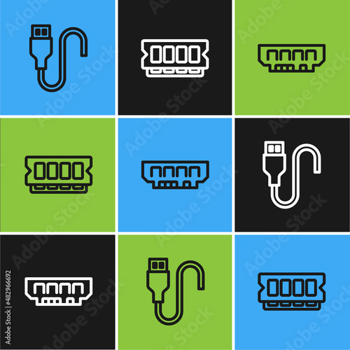 Set line USB cable cord, RAM, random access memory and icon. Vector