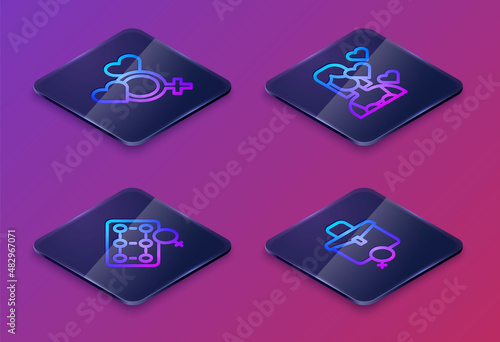 Set Isometric line Female gender, Packaging of birth control pills, Love yourself and Work for female. Blue square button. Vector