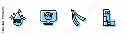 Set line Straight razor, Oil for hair care treatment, Barbershop and Shaving gel foam icon. Vector