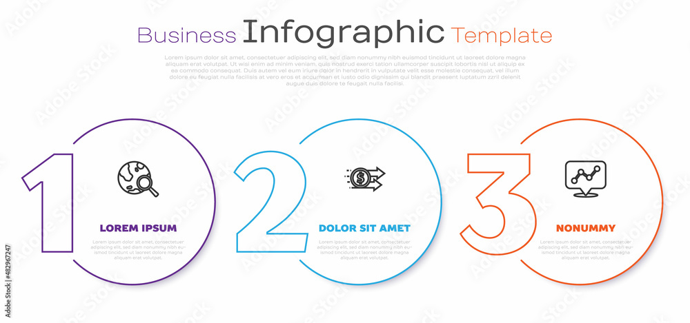 Set line Search globe, Financial growth dollar and Graph chart infographic. Business infographic template. Vector Set line Search globe, Financial growth dollar and Graph chart infographic. Business infographic template. Vector