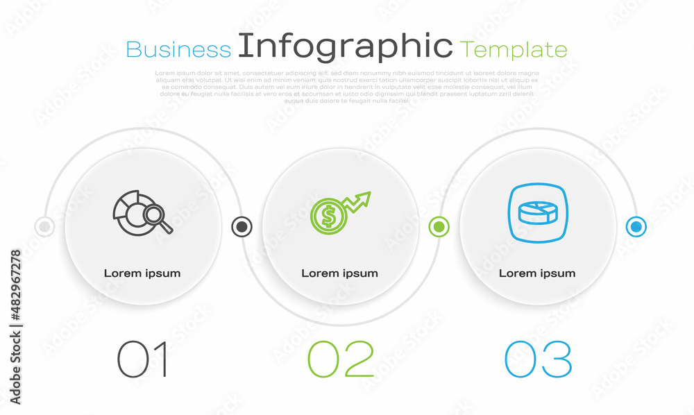 Set line Search data analysis, Financial growth dollar and Pie chart infographic. Business infographic template. Vector