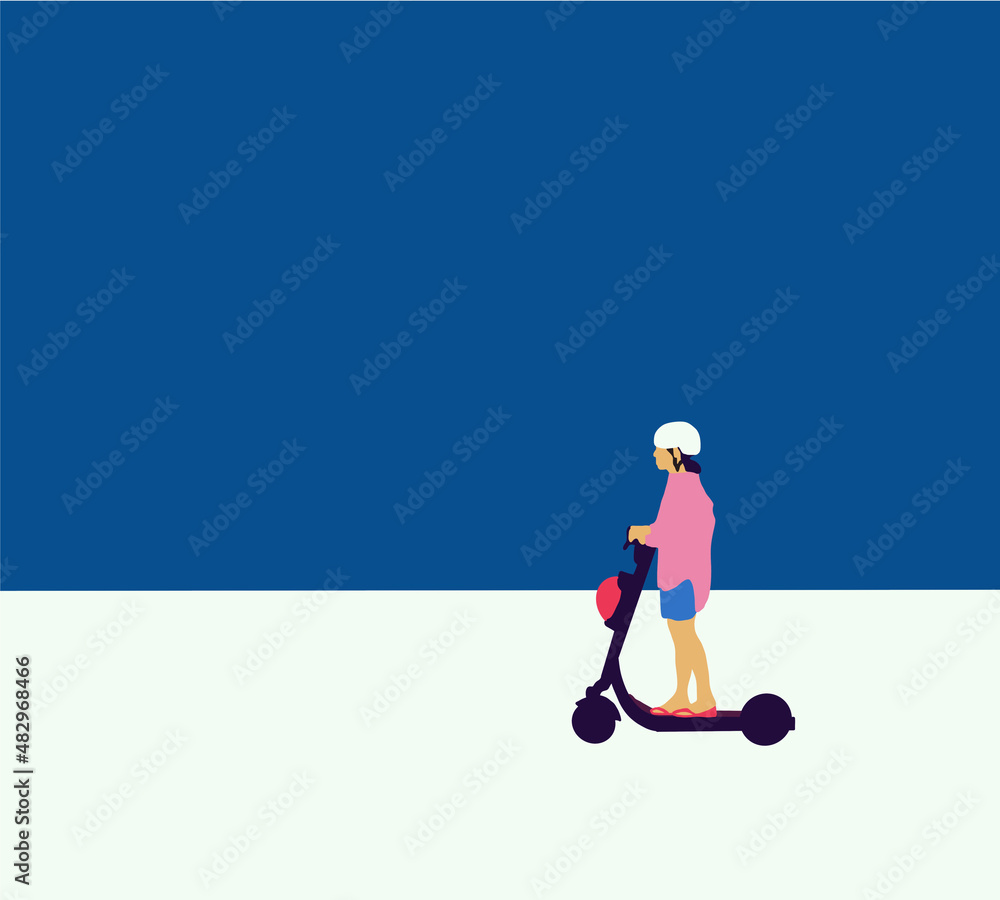 Happy kids in protective helmet driving motorized push scooter. Children on modern personal transporters. Flat cartoon vector illustration.