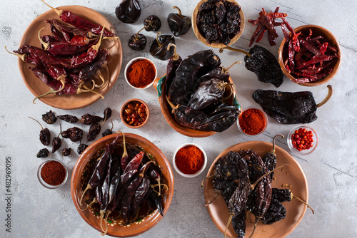 A top down view of a variety of dried chile peppers. photo
