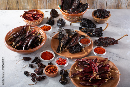 A view of a variety of dried chile peppers. photo