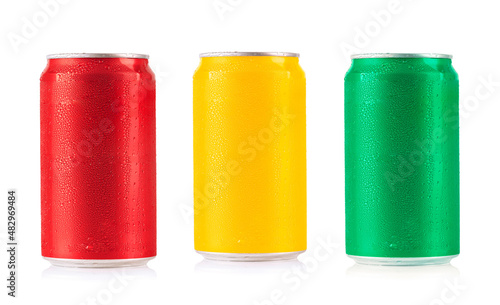 Aluminum can red , yellow and green isolated on white background.