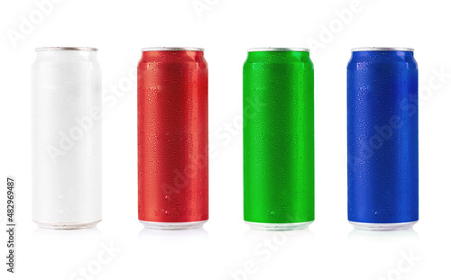 Aluminum thin can in white, red, green, and blue collection isolated on white background. white water drop