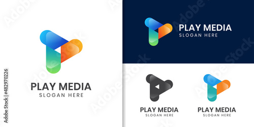 colorful media play logo design. Play button logo design shape symbol for modern technology media
