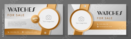 Watch banner template set, wrist jewelry clock advertisement, timepiece business ad, flyer, leaflet, isolated on background.