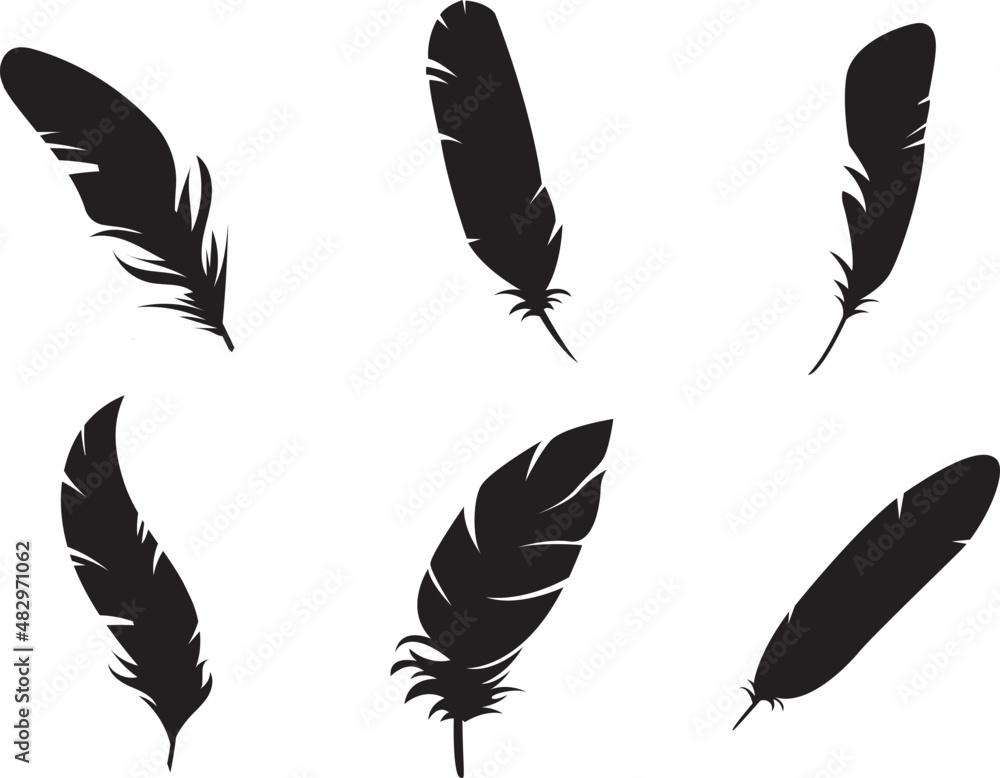 black feather Black icons set. fluffy swan. soft bird plumage. Feathers Pen icon design