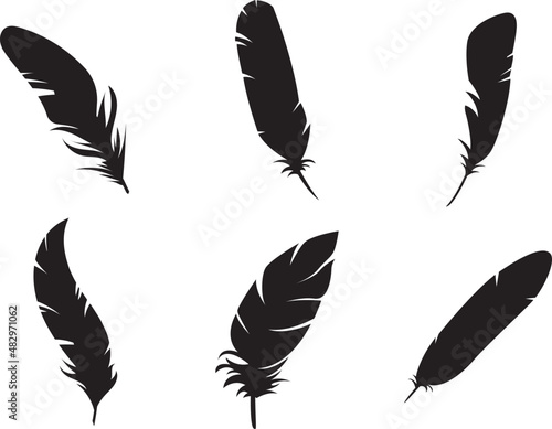 black feather Black icons set. fluffy swan. soft bird plumage. Feathers Pen icon design