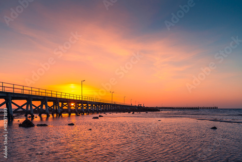 Moonta Bay pier viewed against sunset, Yorke Peninsula, South Australia