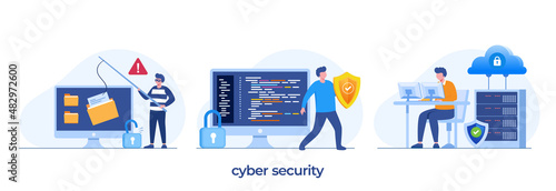 cyber security, Data protection metaphors set. Database, cyber security, control, protection of computer services and electronic information. Vector isolated concept metaphor illustrations banner