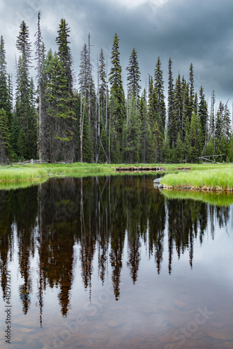 reflection of forest and clouds in calm lake before storm