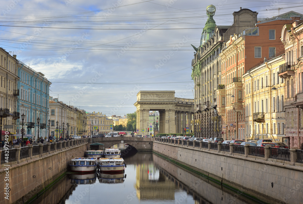 Griboyedov canal in the morning. View of the Kazan bridge, Nevsky Prospekt