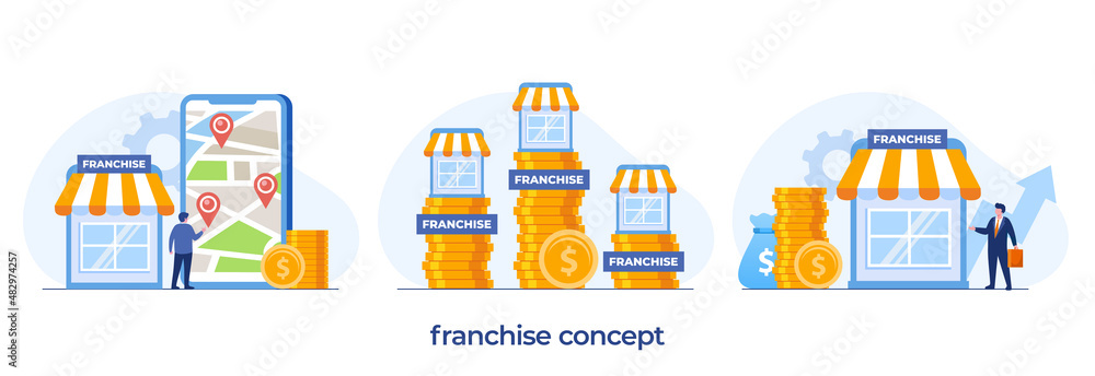 Franchise banner. Franchising business branch expansion. Small enterprise, company, shop, retail store or service network, flat illustration vector template banner - obrazy, fototapety, plakaty 