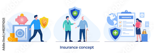 Financial insurance, health insurance, travel insurance protection concept, umbrella, healthcare, landing page flat illustration vector template banner