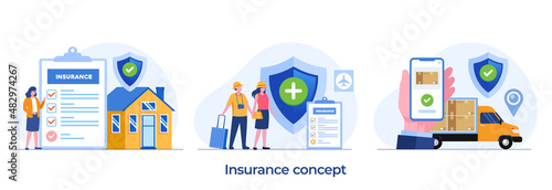 real estate insurance, travel insurance, package insurance protection concept, umbrella, landing page flat illustration vector template banner