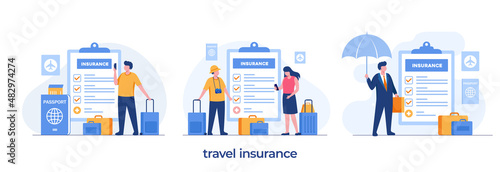 Travel insurance, protection, shield or umbrella protect, policy, landing page flat illustration vector template banner