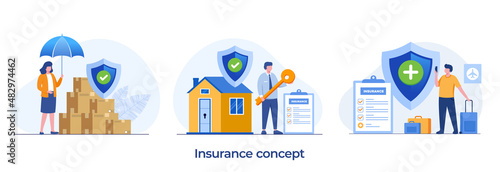 package insurance, real estate insurance, travel insurance protection concept, umbrella, healthcare, landing page flat illustration vector template banner