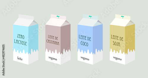 Ilustracao colecao de leites zero lactose em portugues, leite sem lactose, leite de castanha, leite de coco, leite de soja, intolerancia a lactose, vegano, vetor, leite de caixa, 3d, caixa leite