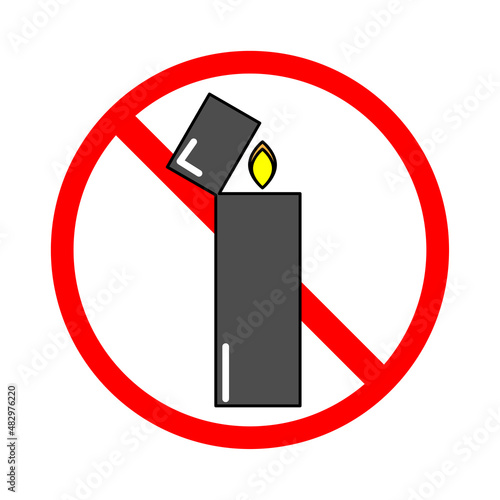 No cigarette lighter icon. No smoking. Fire sign. Red circle. Forbidden element. Vector illustration. Stock image. 